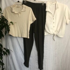 FOREVER 21 olive green leggings SZ L & 2 tops size M cream/white ATELIER KIRIOUS